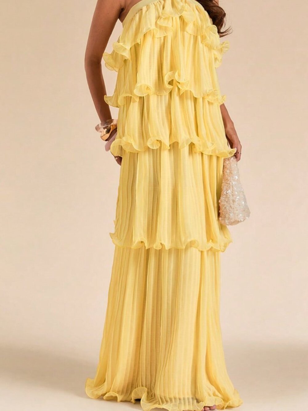 Light Yellow Sexy Women's Long Wide Ruffle Pleated Halter Neck Backless Dress - Picture 5 of 6